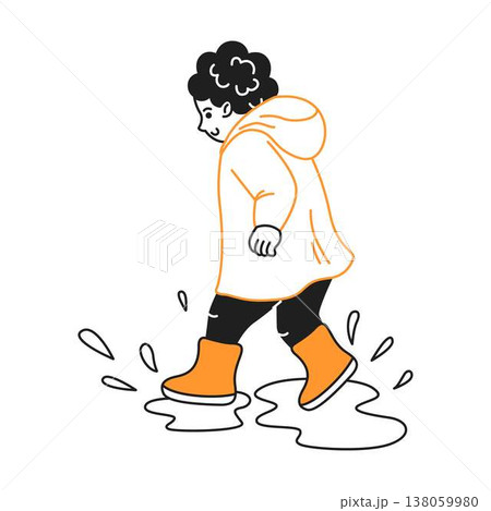 Child walking through puddles in bright raincoat Child walking through puddles in bright raincoat 138059980