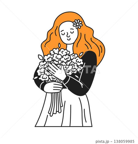 Illustration of Woman Holding Flowers with Contented Expression 138059985