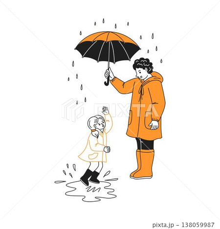 Parent and Child Playing with Umbrella in Rain 138059987