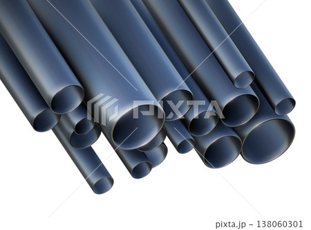 3D render of stacked steel pipes, professional industrial stainless metal tubes for construction, oil, gas, and plumbing engineering projects isolated on a white background design 138060301