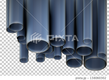 3D render of stacked steel pipes, professional industrial stainless metal tubes for construction, oil, gas, and plumbing engineering projects isolated on a white background design 138060302