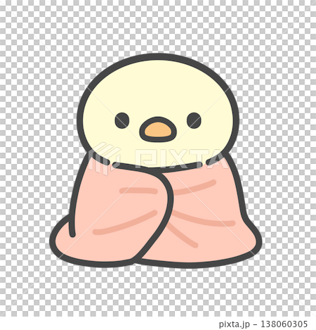 A hand-drawn illustration of a chick snuggled up in a blanket to keep warm because it's cold. 138060305