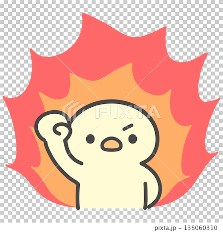 A hand-drawn illustration of a chick burning with passion, carrying flames on its back. 138060310