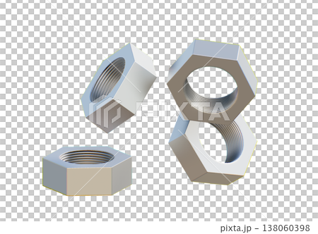 3D render of scattered hexagonal metal nuts, professional steel fasteners for industrial engineering and construction equipment isolated on a white background for creative design 3D render of scattered hexagonal metal nuts, professional steel fasteners for industrial engineering and construction equipment isolated on a white background for creative design 138060398