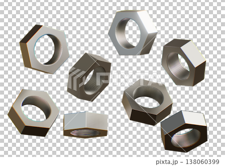 3D render of scattered hexagonal metal nuts, professional steel fasteners for industrial engineering and construction equipment isolated on a white background for creative design 3D render of scattered hexagonal metal nuts, professional steel fasteners for industrial engineering and construction equipment isolated on a white background for creative design 138060399