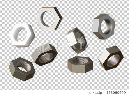 3D render of scattered hexagonal metal nuts, professional steel fasteners for industrial engineering and construction equipment isolated on a white background for creative design 3D render of scattered hexagonal metal nuts, professional steel fasteners for industrial engineering and construction equipment isolated on a white background for creative design 138060400