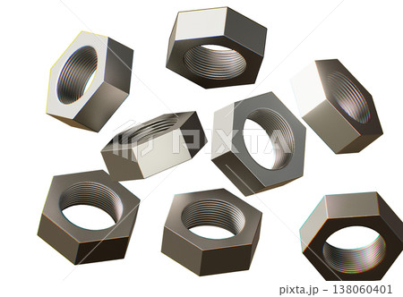 3D render of scattered hexagonal metal nuts, professional steel fasteners for industrial engineering and construction equipment isolated on a white background for creative design 138060401