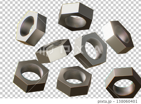 3D render of scattered hexagonal metal nuts, professional steel fasteners for industrial engineering and construction equipment isolated on a white background for creative design 138060401