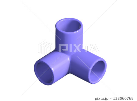 3D render of purple 3-way elbow PVC pipe fitting for furniture and DIY projects, showing durable plastic corner connector isolated on white background for industrial design planning 138060769