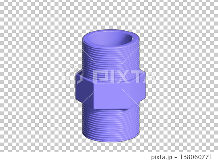 3D render of purple PVC hex nipple with double male threads for plumbing and irrigation, showing industrial plastic pipe fitting isolated on white background for design projects 138060771