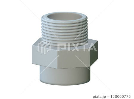 3D render of grey PVC male threaded adapter pipe fitting for plumbing and irrigation, showing industrial plastic connector isolated on white background for technical design work 138060776