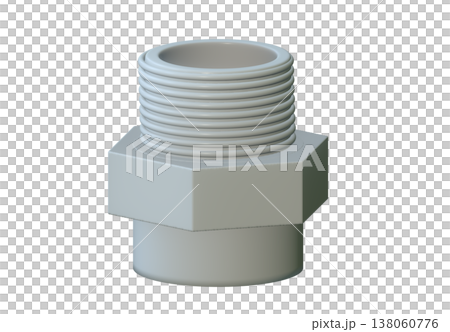 3D render of grey PVC male threaded adapter pipe fitting for plumbing and irrigation, showing industrial plastic connector isolated on white background for technical design work 138060776