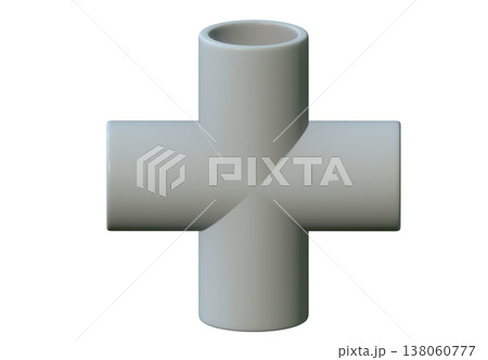 3D render of grey 4-way cross PVC pipe fitting for plumbing and DIY projects, showing durable plastic connector isolated on white background for industrial design planning 3D render of grey 4-way cross PVC pipe fitting for plumbing and DIY projects, showing durable plastic connector isolated on white background for industrial design planning 138060777
