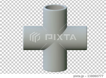 3D render of grey 4-way cross PVC pipe fitting for plumbing and DIY projects, showing durable plastic connector isolated on white background for industrial design planning 3D render of grey 4-way cross PVC pipe fitting for plumbing and DIY projects, showing durable plastic connector isolated on white background for industrial design planning 138060777