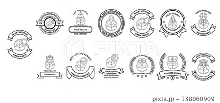 Set of monochrome circular and shield-shaped emblems Set of monochrome circular and shield-shaped emblems 138060909