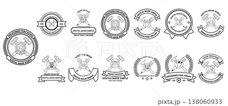 Black ink outlines depict vintage-style emblems and seals 138060933