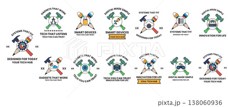 Ten distinct logo designs featuring crossed hammers and axes 138060936