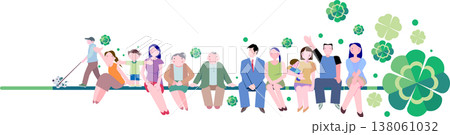 四葉のクローバーと座る多様な世代の家族や人々、ベクターイラスト 138061032