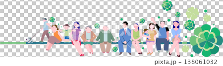 四葉のクローバーと座る多様な世代の家族や人々、ベクターイラスト 138061032