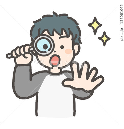 ルーペを使って覗き込み、驚く男の子のイラスト 138061066