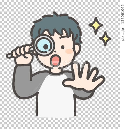 ルーペを使って覗き込み、驚く男の子のイラスト 138061066