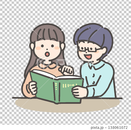 A boy and a girl talking while reading a book. A boy and a girl talking while reading a book. 138061072