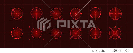 Crosshair Hud red. Sniper scope viewfinder. Radar and location Hud. Futuristic game combat interface with precision crosshair, target aim, and tech elements. Vector illustration Crosshair Hud red. Sniper scope viewfinder. Radar and location Hud. Futuristic game combat interface with precision crosshair, target aim, and tech elements. Vector illustration 138061100