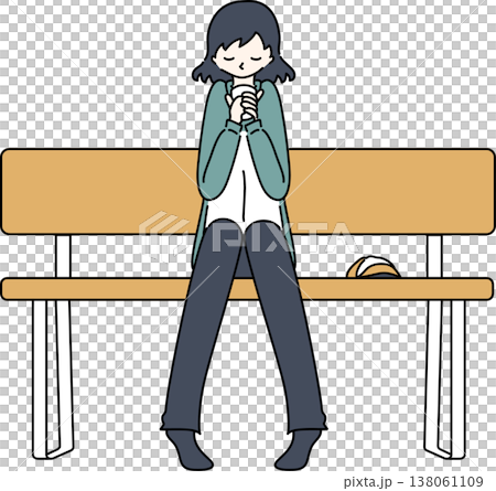 An illustration of a woman in work clothes resting on a bench; her uniform is green. An illustration of a woman in work clothes resting on a bench; her uniform is green. 138061109