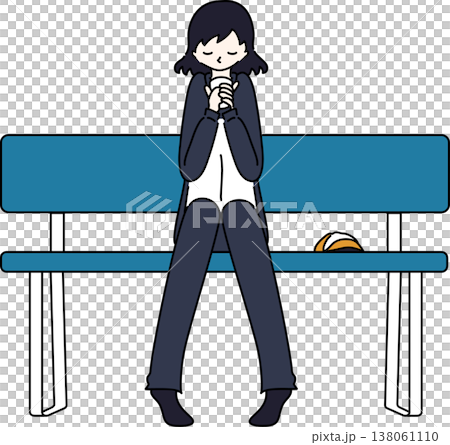 一幅插圖,描繪了一位身穿工作服的女士坐在長椅上休息;她的製服是藏藍色的。 一幅插圖,描繪了一位身穿工作服的女士坐在長椅上休息;她的製服是藏藍色的。 138061110
