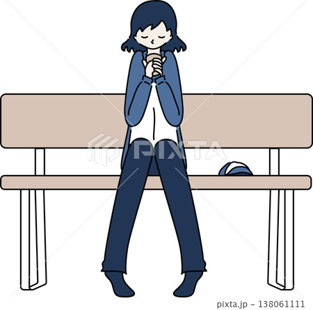 ベンチで休憩する作業服を着た女性のイラスト　青色の制服 138061111