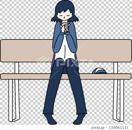 ベンチで休憩する作業服を着た女性のイラスト　青色の制服 138061111