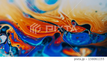 Psychedelic texture. Fuel spill. Blur orange blue purple color oil ink round bubbles pollution mix wave water on abstract background. 138061155