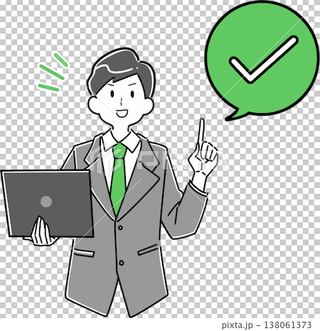 插圖描繪了一位商人手持筆記型電腦，示意支票已結清。 138061373