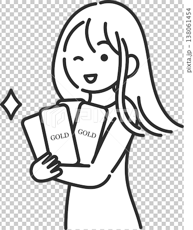 一幅描繪一位女子手持金條並眨眼的插圖（僅線條畫）。 138061454