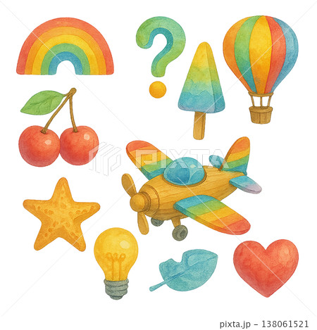 虹色モチーフの水彩イラストセット 虹色モチーフの水彩イラストセット 138061521