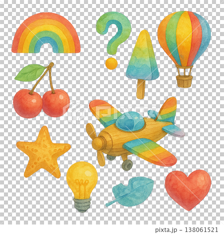 虹色モチーフの水彩イラストセット 虹色モチーフの水彩イラストセット 138061521