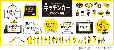 キッチンカー、フードトラック、マルシェのフレーム、タイトルと人々、イラストの素材セット 138061862