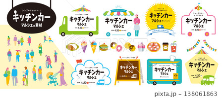 キッチンカー、フードトラック、マルシェのフレーム、タイトルと人々、イラストの素材セット／春夏カラー 138061863