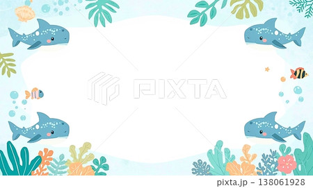 ジンベイザメが泳ぐ爽やかマリンフレーム背景 138061928