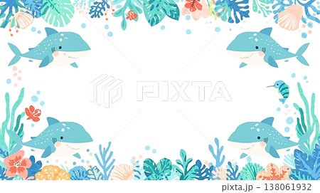 ジンベイザメが囲む海の余白デザイン背景 138061932
