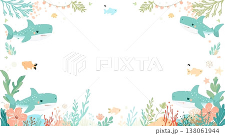 ジンベイザメが彩る沖縄風マリン背景 138061944