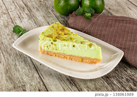 Green pistachio cheesecake served mint 138061989