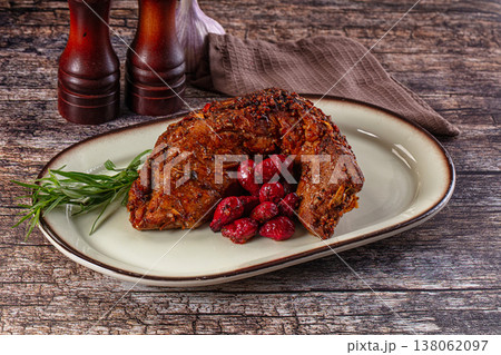 Baked pork sirloin with cornus Baked pork sirloin with cornus 138062097