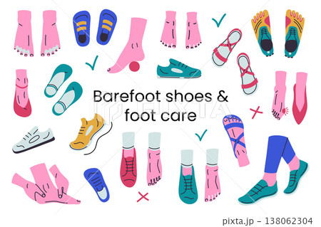 Barefoot shoes and foot care set, minimal flexible footwear, toe separators, hallux valgus, foot massage, exercises. Anatomical zero drop shoes, wide toe box and healthy feet vector illustration 138062304