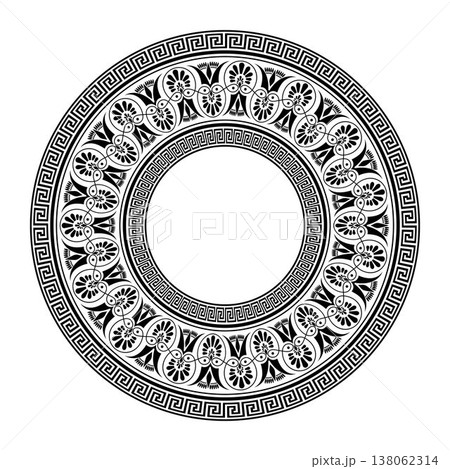 Ceramic plate with Greek ornament. Greek meander. Pattern of Greece, ancient Rome. Circle european border. Typical egyptian, assyrian, greek motives. For laser cutting, ceramic, plate, embroidery Ceramic plate with Greek ornament. Greek meander. Pattern of Greece, ancient Rome. Circle european border. Typical egyptian, assyrian, greek motives. For laser cutting, ceramic, plate, embroidery 138062314