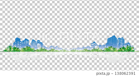 The refreshing greenery of spring and the silhouettes of modern buildings. An early summer urban landscape and an eco-friendly image. 138062391