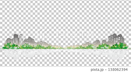 The refreshing greenery of spring and the silhouettes of modern buildings. An early summer urban landscape and an eco-friendly image. 138062394