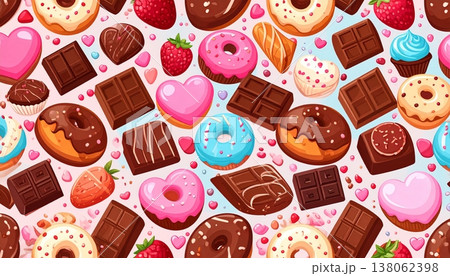 ポップアート風の可愛いスイーツとデザートのシームレスパターン背景素材 ポップアート風の可愛いスイーツとデザートのシームレスパターン背景素材 138062398