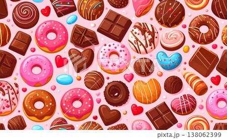 ポップアート風の可愛いスイーツとデザートのシームレスパターン背景素材 138062399