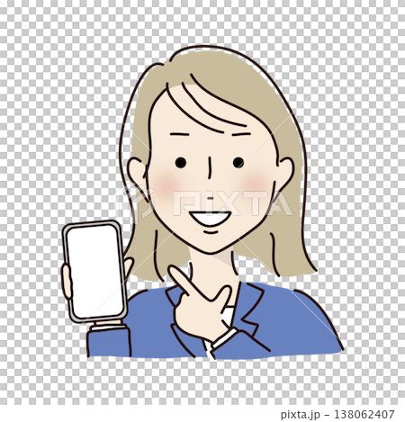 A woman in a suit pointing at her cell phone. 138062407